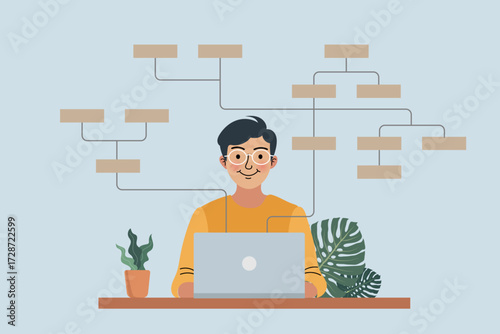 Showcase a calm and competent professional who is in full control of a complex project. This visual of a man with a workflow diagram is ideal for themes of management, organization, and clear thinking