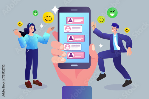 Happy customers give positive feedback on a mobile phone app. The scene with smile emojis represents customer satisfaction, excellent reviews, and great user experience.