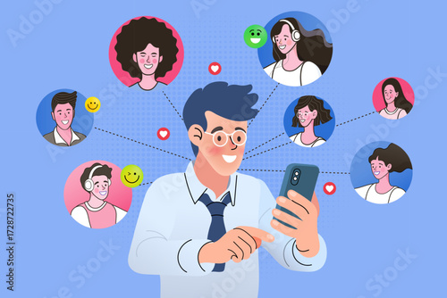 The joy of social connection is captured in this modern illustration. A man uses his smartphone to chat and connect with a diverse group of friends, making it ideal for any social media or dating app.