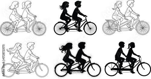 Vector illustration of couple riding tandem bicycle together, romantic cycling, outdoor activity, teamwork, healthy lifestyle, leisure sport, love relationship concept.