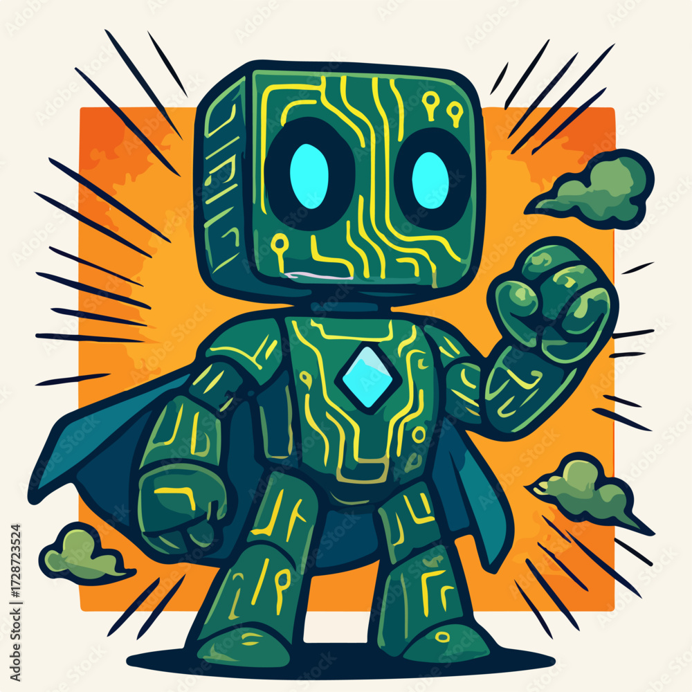 Obraz premium Circuit-Armor Robot Superhero — Techno Android Mascot (Vector)
