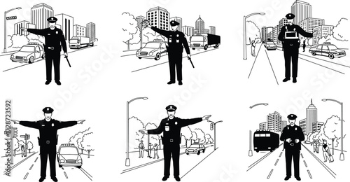 Vector illustration of traffic police officer directing vehicles in city, urban law enforcement authority, road safety management, street patrol guidance, transportation control.