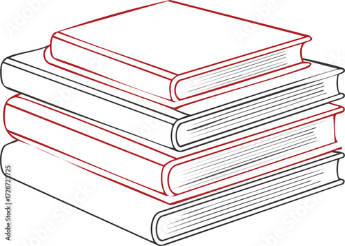 Stacked open books with red and black outlines pages