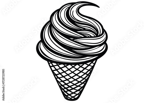 Swirled soft serve ice cream in a waffle cone dessert