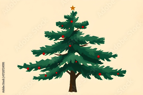 Illustrated Christmas Tree with Red Ornaments and Star Topper