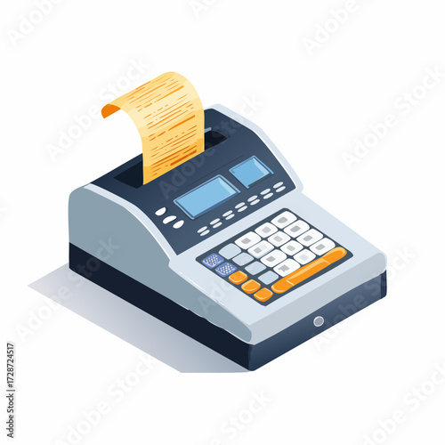 An isometric illustration of a modern cash register with a receipt printing out.