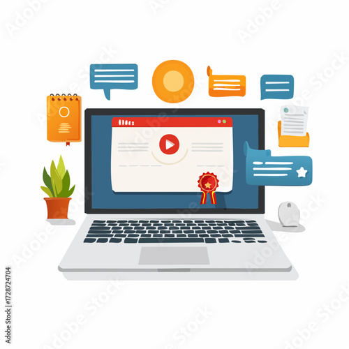 Laptop displaying an online course platform with video player, surrounded by icons representing learning, communication, and certification.