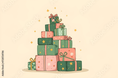 Stack of Colorful Gift Boxes with Festive Decorations and Stars