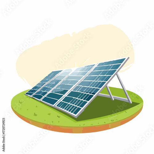 Illustration of solar panels on a green patch of land generating clean, renewable energy from the sun.