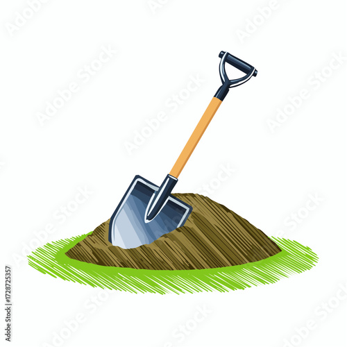 A shovel is stuck in a mound of dirt, surrounded by green grass, suggesting a gardening or construction activity.