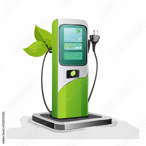 Modern electric vehicle charging station with intuitive screen display and eco-friendly leaf design, symbolizing sustainable energy and green transportation