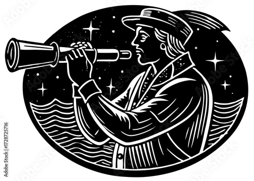 Sailor With Telescope Silhouette, Columbus Day Explorer SVG, PNG
