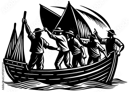 Sailors Raising Sail Silhouette, Columbus Day Nautical SVG, PNG