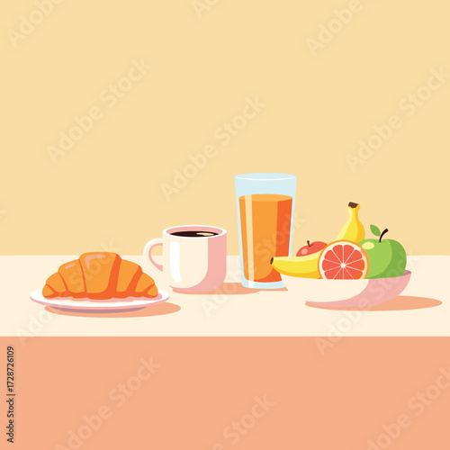 Start your vibrant day with a delicious fresh croissant, rich coffee, and energizing fruit juice and healthy fruits.