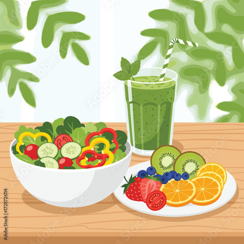 Vibrant healthy breakfast spread featuring fresh salad, colorful fruits, and a refreshing green smoothie