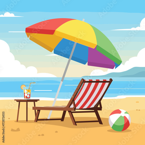 Relaxing beach scene with striped lounge chair, colorful umbrella, refreshing drink, and playful beach ball under a bright summer sky.