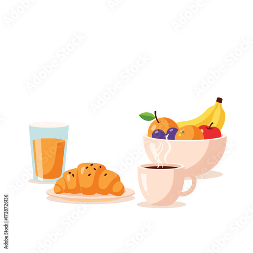 Start your day with a delicious breakfast of fresh fruit, a flaky croissant, hot coffee, and refreshing orange juice.