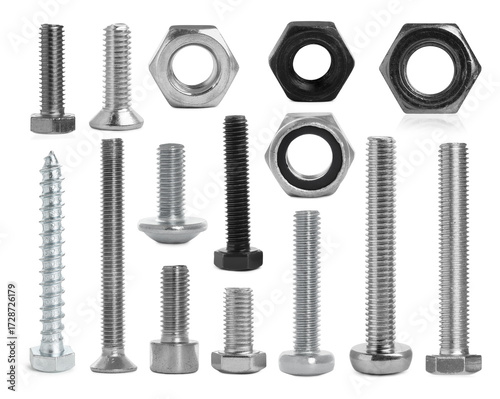 Bild auf Leinwand Different bolts and nuts isolated on white, set