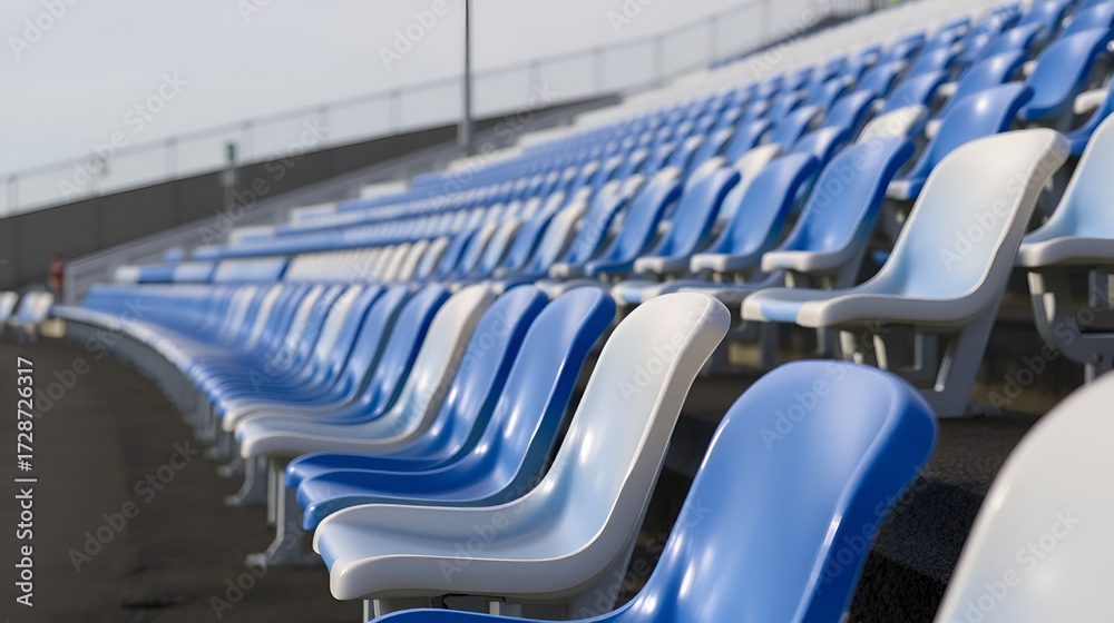 Fototapeta premium detail of the blue and white plastic seats of the bleachers installed in an esplanade of a public parking lot for an open air concert. Puerto de la Cruz, Tenerife, Canary Islands, Spain