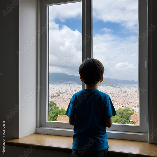 The boy looks outside the window, watching the world go by.