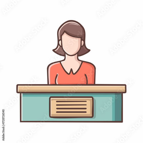 Professional woman standing at a reception desk, a simple and clean flat vector illustration icon for business or customer service