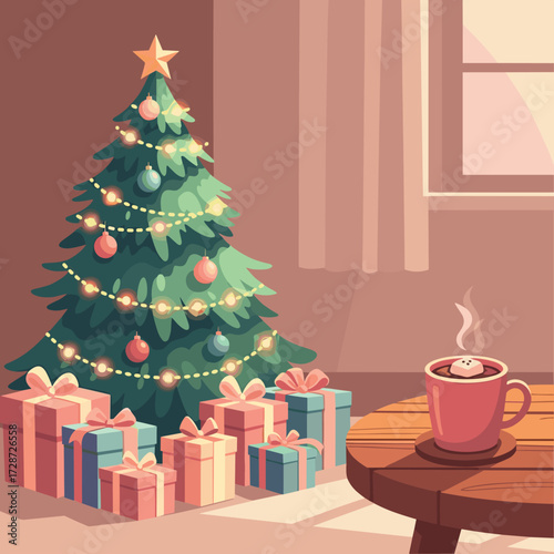 Warm and cozy living room illustration depicting a decorated Christmas tree, a pile of presents, and a steaming cup of hot cocoa