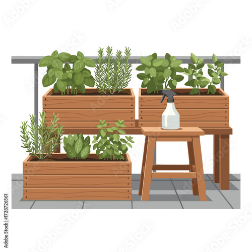 Balcony Herb Garden Fresh Herbs in Wooden Planters with Spray Bottle