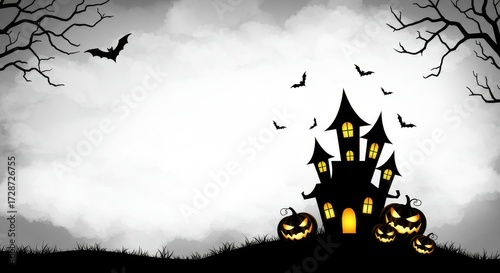 Black and white spooky Halloween background with haunted house silhouette, flying bats, and glowing jack-o'-lanterns