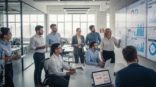 Business team meeting data analysis presentation group work modern office