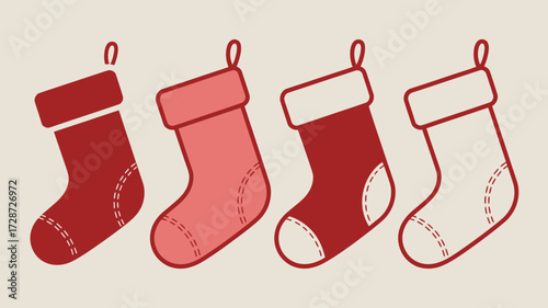 A row of four christmas stockings in different shades of red hanging against a cream colored background