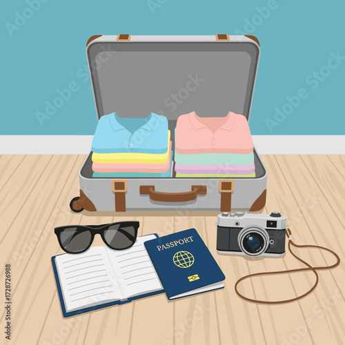 Ready for an adventure Essential items for your upcoming trip neatly packed and laid out, signifying the excitement and preparation for a vacation getaway