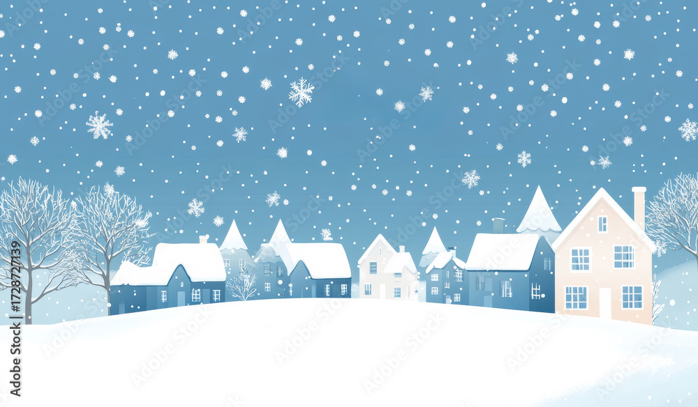 Fototapeta premium Winter village landscape with snowflakes falling on charming houses and trees