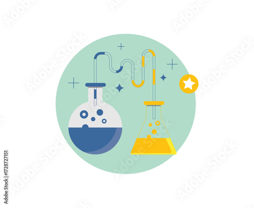 design circular icon displays chemistry apparatus, featuring a round-bottom flask with bubbling liquid connected via tubing to an Erlenmeyer flask, all on a white background.