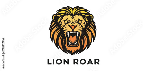 Powerful digital artwork of a roaring lion head featuring clean lines and striking golden-orange gradients