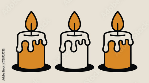 Three candles with dripping wax and flames in a row on a beige background in a simple cartoon style