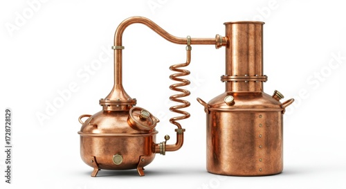 Traditional copper still or alembic for distilling alcohol, essential oil, or perfume, isolated on white background