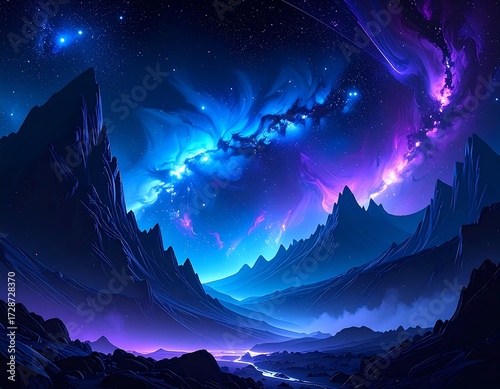 Cosmic mountain range under a vibrant night sky