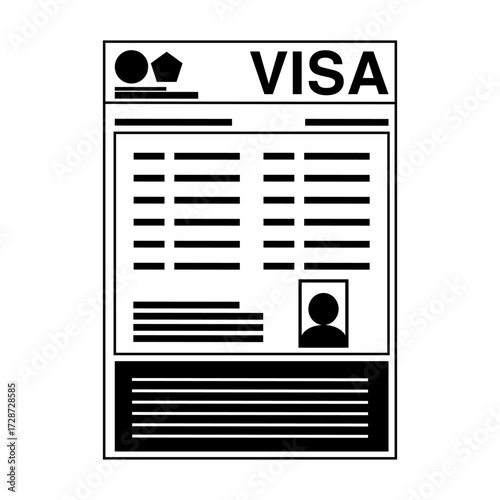 A simple black and white vector illustration of a visa document featuring text lines, official symbols, and a photo placeholder. Ideal for themes of immigration, travel, and border security.
