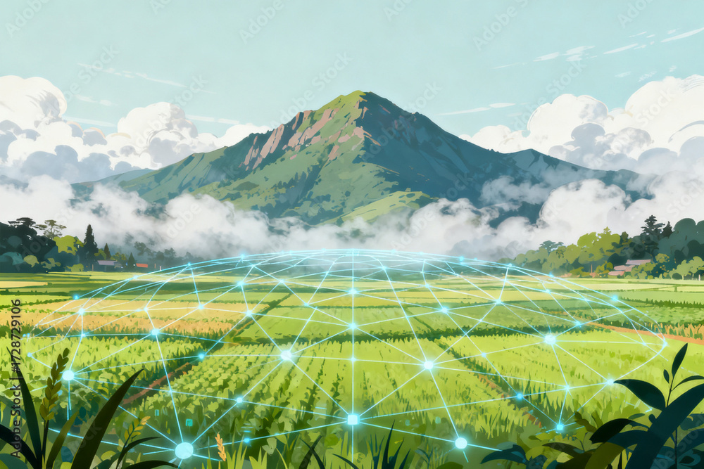 Obraz premium A digital network overlaying a lush green field with a mountain in the background, symbolizing technology integrated into nature.