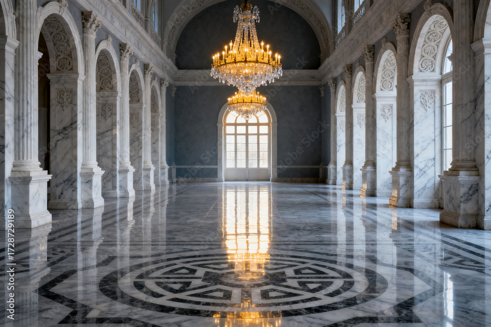 Obraz premium Grand marble hall with ornate chandelier and arched columns