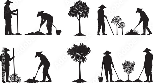 Tree planting silhouette icons, black vector gardening actions, environmental care illustration, nature conservation concept, person planting and nurturing trees for education