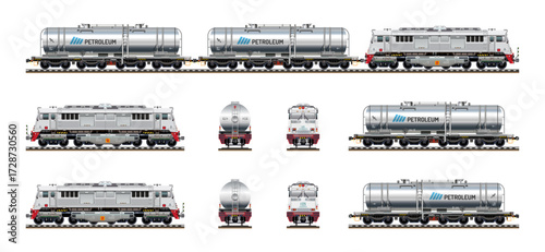 Commuter locomotive carriage train petroleum liquid oil tanker cargo industries realistic model highly detailed flat vector set illustration