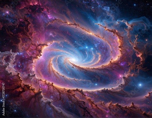 Cosmic spiral galaxy swirling with vibrant nebulas