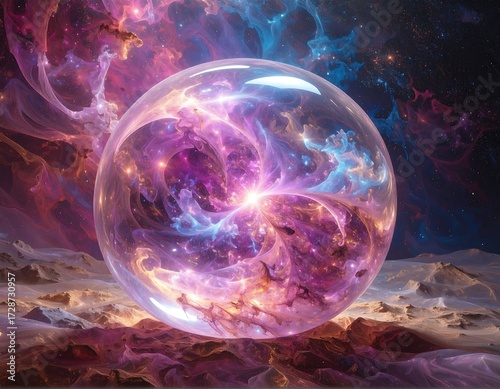 Cosmic sphere on a surreal landscape