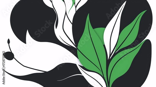 abstract botanical illustration with bold green and white leaves standing out against a deep black background