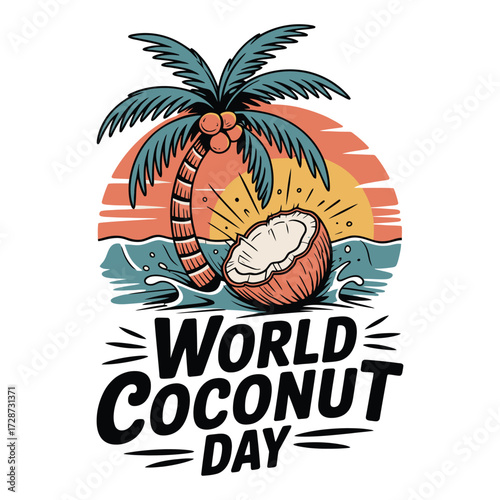 Vibrant World Coconut Day Tropical Beach Palm Illustration