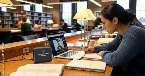 Young woman attending virtual class and taking notes in a well stocked university library creating