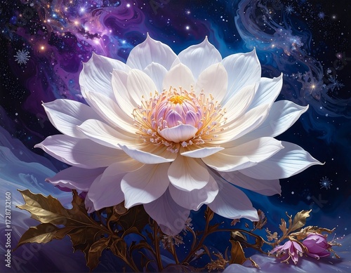 Cosmic white flower in starry night