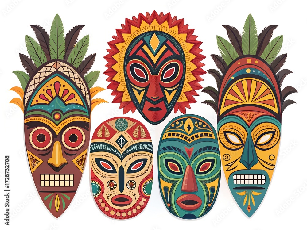 Naklejka premium Colorful tribal masks displayed in symmetrical arrangement with cultural design