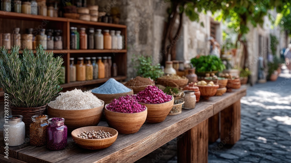 Fototapeta premium Vibrant Spices and Herbs in Rustic Marketplace with Stone Walls, Wooden Shelves, Natural Light, Colorful Variety, Traditional Bowls